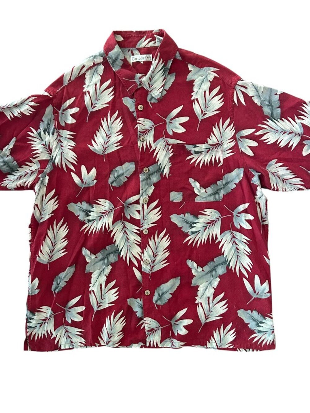 Caribbean Men's Silk-Blend Tropical Palm Leaf Hawaiian Camp Shirt Size 2XLT